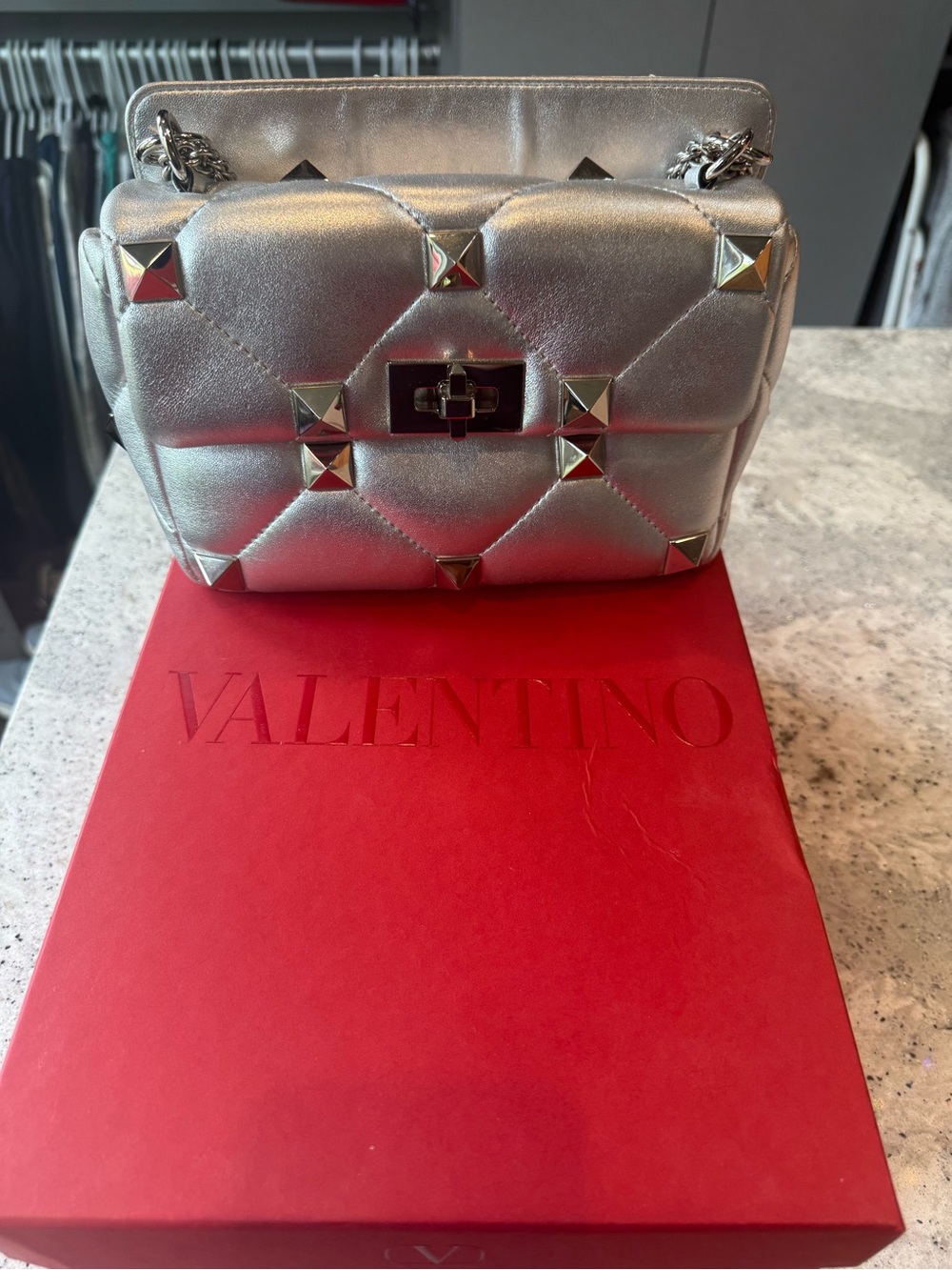 Valentino Garavani Silver Quilted Rockstud Crossbody Bag